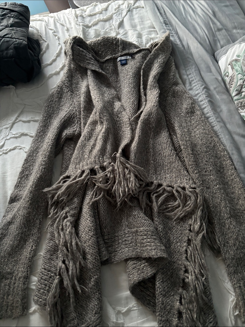 Cozy Hooded Fringe Open-Front Sweater Cardigan - Taupe